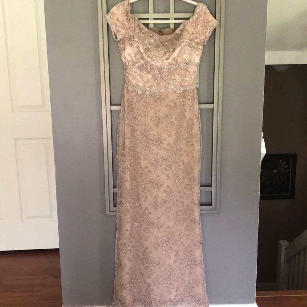 Badgley Mischka beige beaded, black tie, mother of the bride evening gown off th